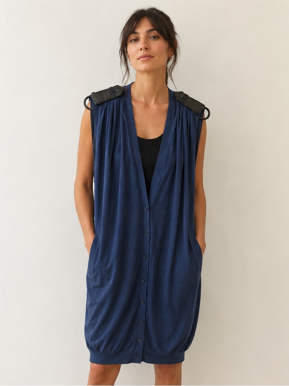 Neil Barrett Leather Shoulders Long Sleeveless Cardigan Vest Blue